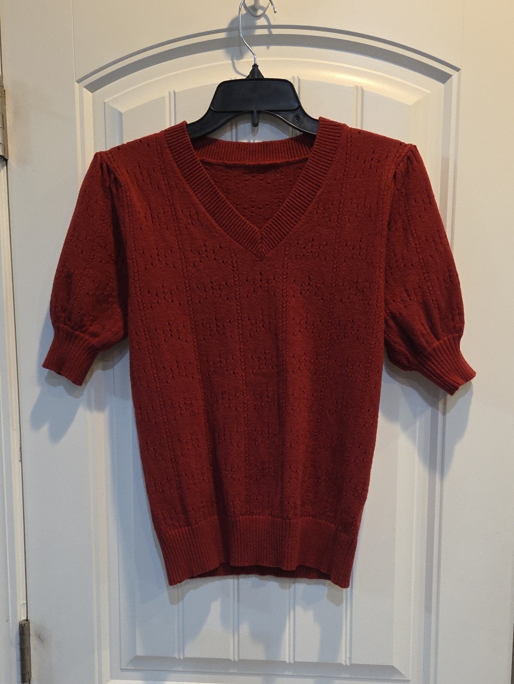 Women's V-Neck Short Sleeve Knit Sweater - Rust Red